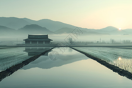 水田里的建筑图片