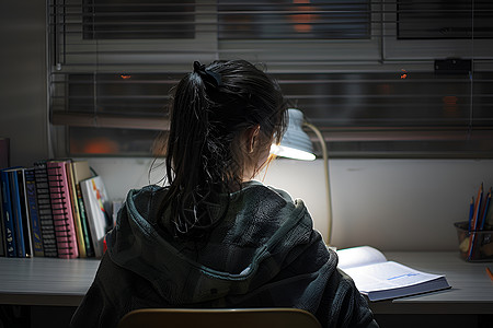 夜晚书桌挑灯夜读的女孩背景