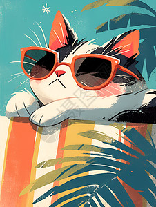 猫卡通夏日里度假的猫咪插画