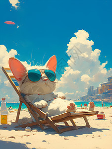 沙滩上沐浴阳光的猫咪图片