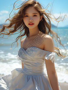 沙滩上飘逸白裙少女图片