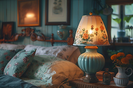 温馨卧室中的复古夜灯图片