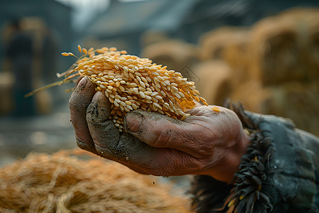运输粮食农民手里的稻谷背景