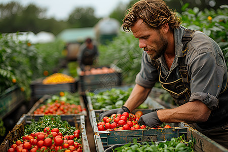 收获番茄的农民背景图片