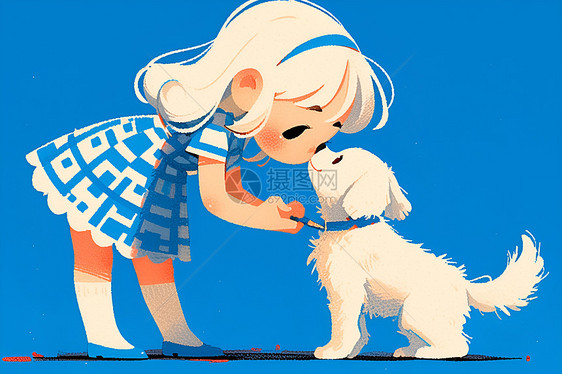 可爱卡通女孩牵着小狗图片