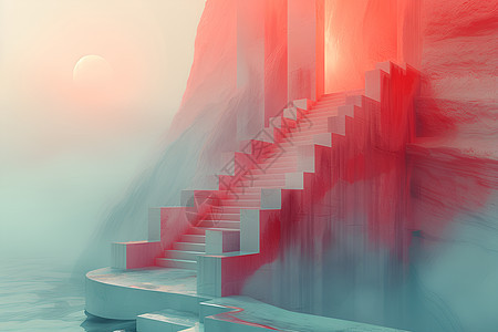 迷雾中的红光阶梯背景图片