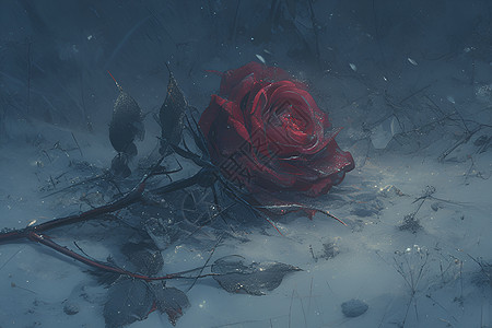雪地上的暗红玫瑰花高清图片