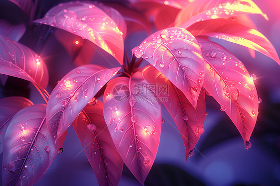粉色植物叶子上的水滴图片