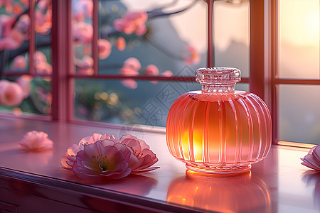 桌子上的粉色玻璃瓶图片