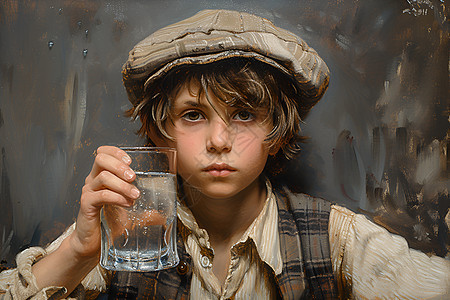 小男孩拿着水杯图片
