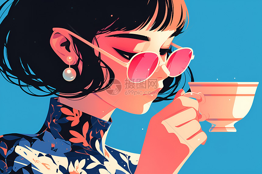 喝咖啡的少女插画图片下载-正版图片601077833-摄图网