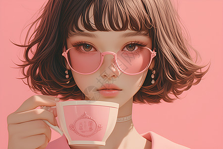 戴粉色墨镜的少女图片