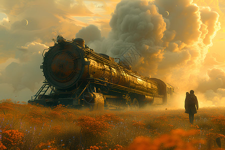 旷野里的蒸汽火车图片
