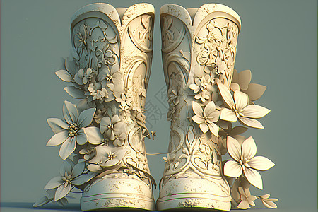 插满花朵的白靴图片