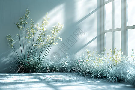 阳光透过窗户照射室内植物图片