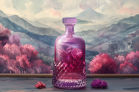 紫色玻璃花瓶放在山景画前图片