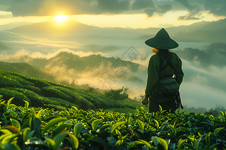 种植茶叶茶园中的一个采茶工背景