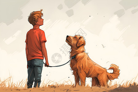 少年领着狗在草地上图片