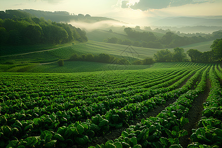 广袤的菠菜田景色金黄温暖的阳光下展现出来这张全景照片展示了菠菜农场的规模和美丽呈现了农业与周围环境之间的和谐背景图片