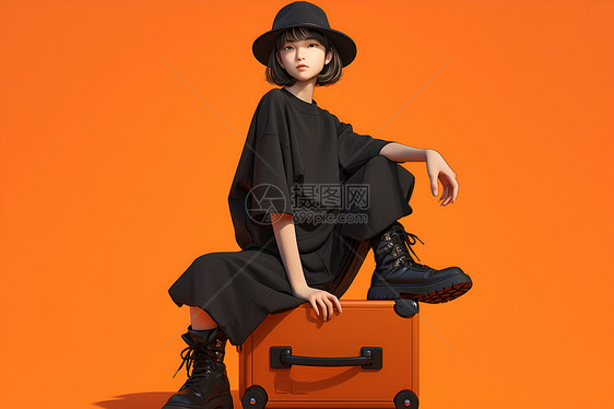 女模特坐在行李箱上图片