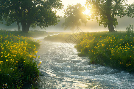 清晨田园小河穿越绿野图片
