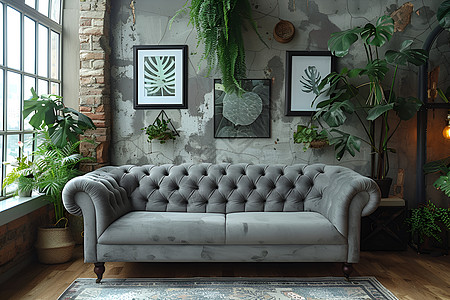 灰色沙发在极简主义房间内图片