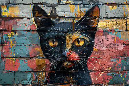 猫咪在砖墙上的涂鸦艺术图片