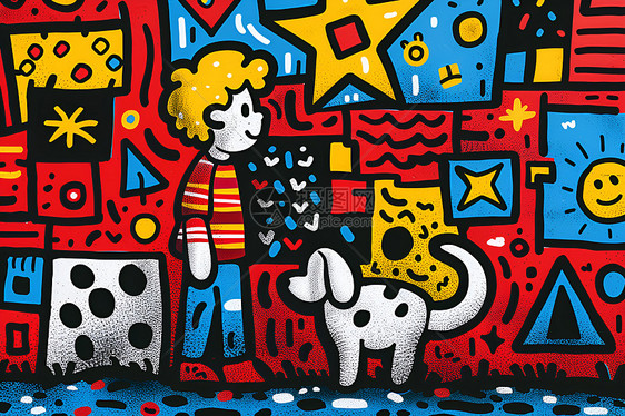 狗狗和男孩的涂鸦图片