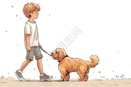卡通男孩牵着宠物狗图片
