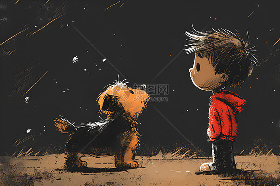 黑色背景下一个的男孩和狗狗图片
