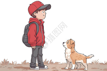 卡通男孩遛狗图片