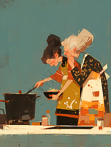 老人幸福两位智慧的祖母做饭插画