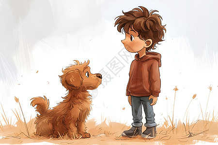 可爱的狗狗和男孩插画图片