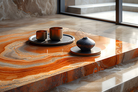 大理石桌上的茶具背景图片