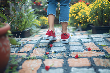 脚步红鞋女子悠然的走在花园背景