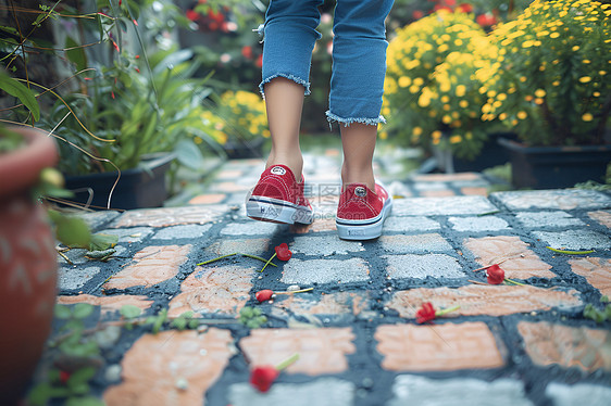 红鞋女子悠然的走在花园图片
