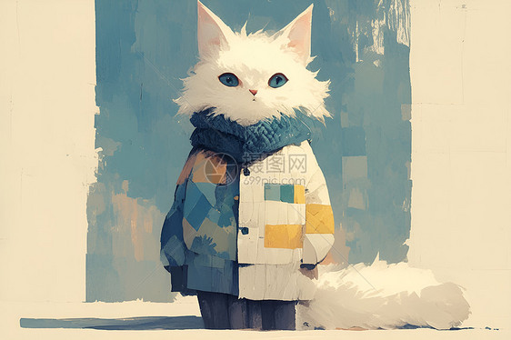 白猫戴着围巾站在蓝色背景前图片
