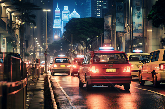 夜晚道路上的出租车图片