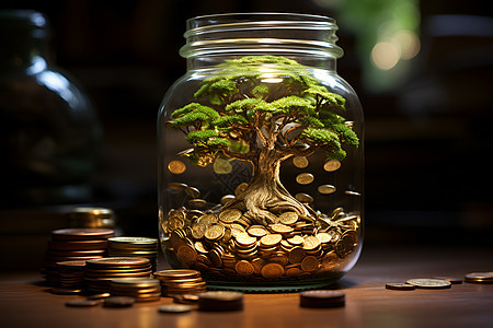 玻璃罐中的金融硬币背景图片