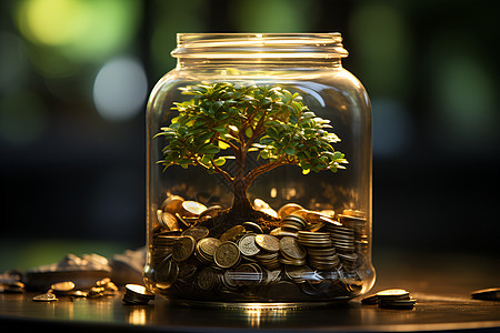 玻璃罐中的小树和货币图片