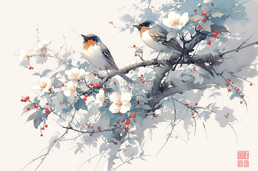 两只鸟在白花红果树枝图片