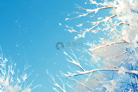 蓝天下积雪的树枝图片