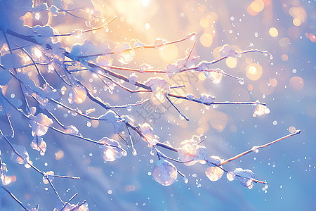 阳光下挂满冰珠的树枝图片