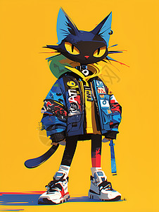 卡通黑猫穿着蓝色夹克图片