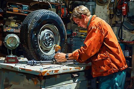 机械师拧紧轮胎上的螺栓插画