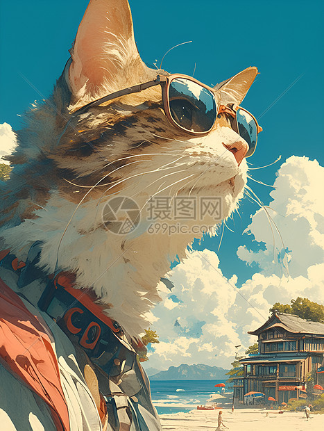 海滩上的墨镜猫图片