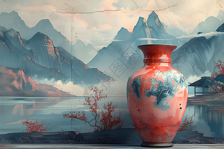 山形景致下的红色花瓶图片