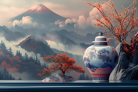 山水间的瓷罐背景图片