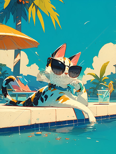 泳池边的墨镜小猫图片