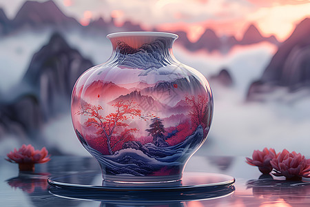 花瓶上的山景图片